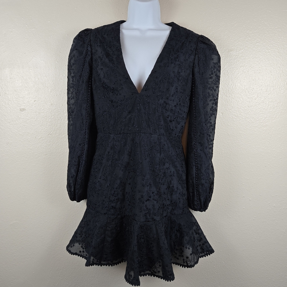 Keepsake Black Embroidered Long Sleeve Mini Dress‎ M | Party Cocktail Holiday